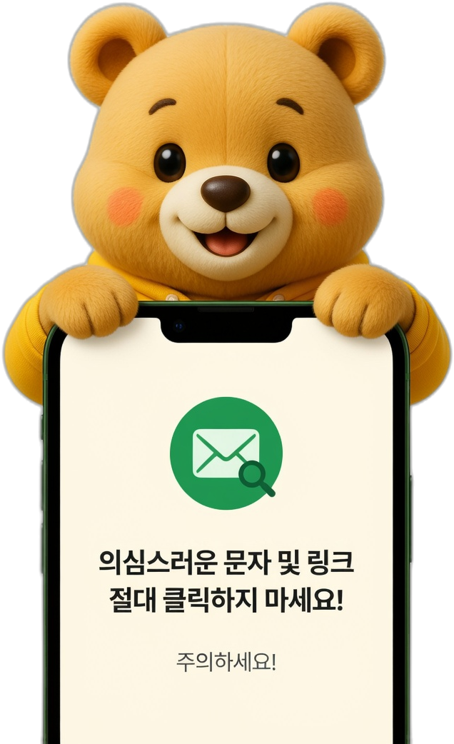 의심스러운 문자와 링크를 조심하라는 마스코트